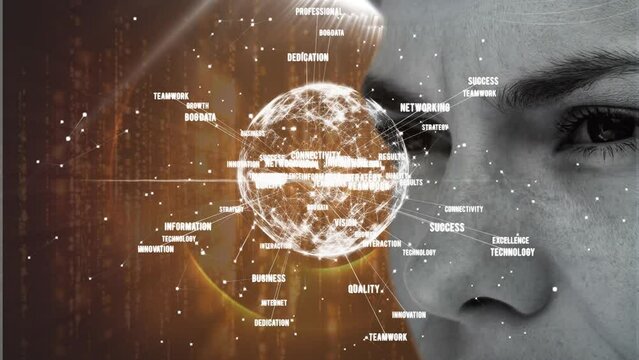 Animations of globe with network of connections over caucasian women fave on dark background