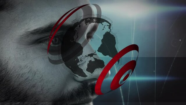 Animations of globe over caucasian men fave on dark background