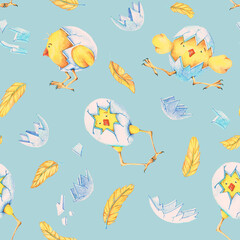 Chicken and shell. Seamless pattern. Watercolor