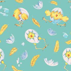 Chicken and shell. Seamless pattern. Watercolor