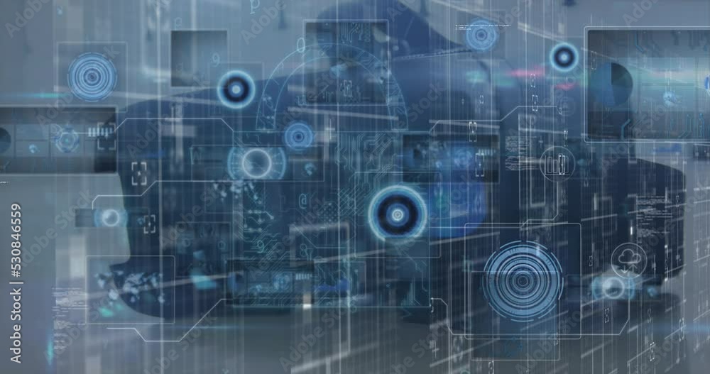 Poster animation of digital data processing and digital interface over person using vr headset