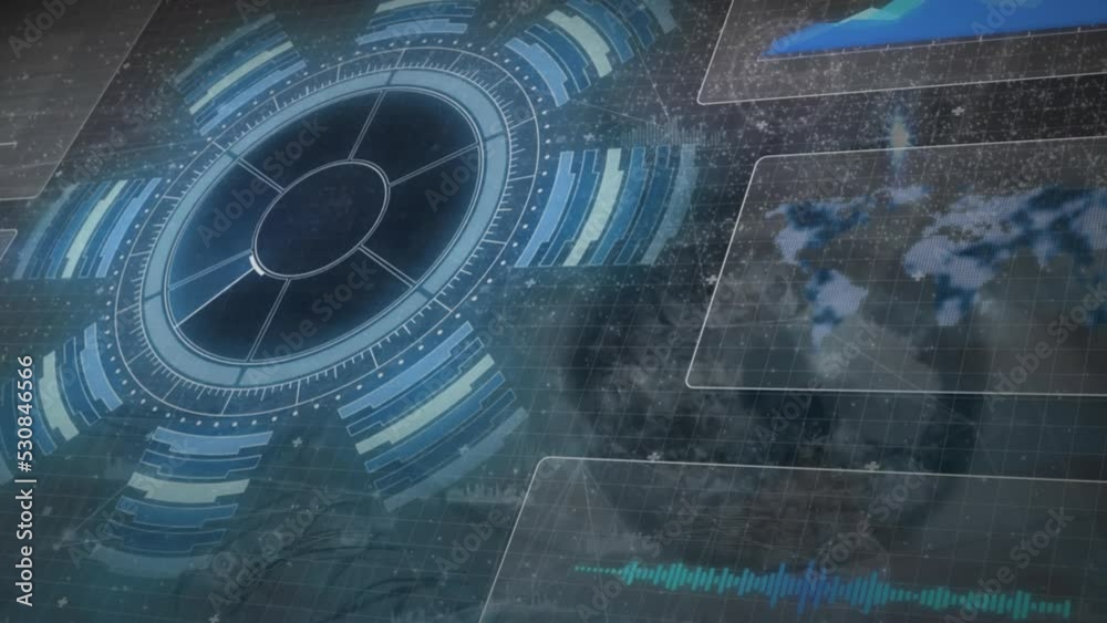 Aufkleber animation of digital data processing and digital interface over dark background