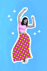 Artwork magazine picture of happy smiling lady wear long skirt dancing having fun isolated drawing...