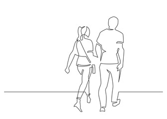 Continuous line drawing of walking couple. Vector illustration