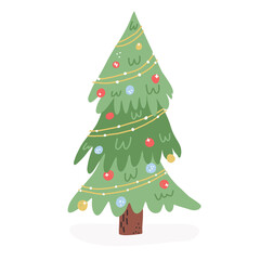 Cute decorated Christmas Tree with 2023 baubles and vintage toys, retro style New Year fir tree, spruce illustration. Vector isolated illustration.