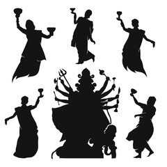  Indian hindu man and women wearing traditional cloth Celebrating Durga puja silhouette by dancing Dhunuchi