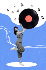 Vertical collage image of cheerful girl black white gamma arms hold big vinyl record painted melody...