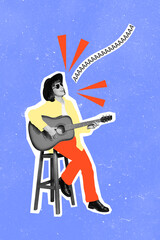 Creative trend collage of talented popular woman singer cowgirl acoustic guitar sit chair stage...