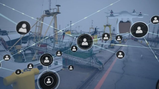 Animation of profile icons connected with lines and drone flying over cargo ships moored at port