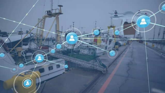 Animation of profile icons connected with lines over drone with box flying over cargo ships at port