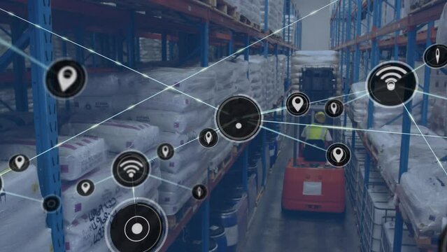 Animation of wifi and gps connected with lines and rearview of worker unloading goods with forklift