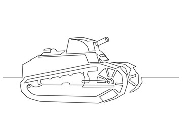 Continuous line drawing of old tank. Metal war tank with cannon gun. Vector illustration.