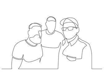 Continuous line drawing of three happy friends. Vector illustration.