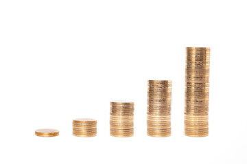  Close-up of coins stack on white background. 