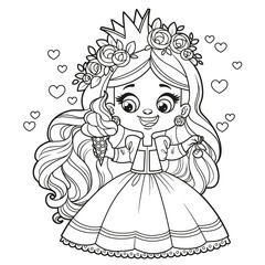 Cute cartoon longhaired girl princess withice cream and cherry outlined for coloring page on white background