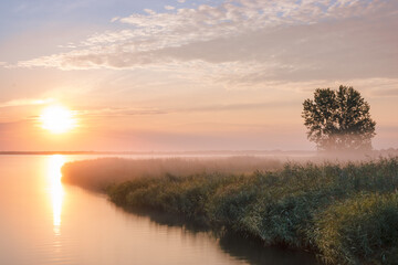Nebel am Morgen zu Sonnenaufgang an der Küste der Ostsee in Deutschland