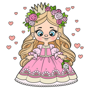 Cute cartoon longhaired princess girl with rose in hand color variation for coloring page on white background