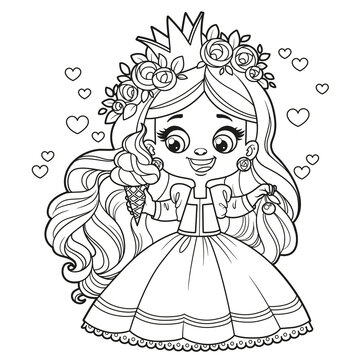 recommend clip art: Cute cartoon longhaired girl princess withice cream and cherry outlined for coloring page on white background