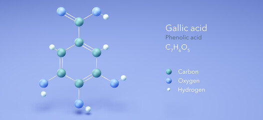 Gallic acid, molecular structures, phenolic acid, 3d model, Structural Chemical Formula and Atoms with Color Coding