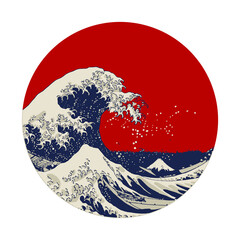 The great wave off Kanagawa, Mount Fuji, Japan sun, symbol, isolated