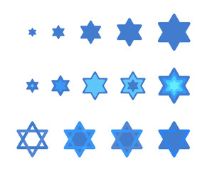Star of David set vector illustration. 14 blue elements in different forms and size isolated on white background Flat style
