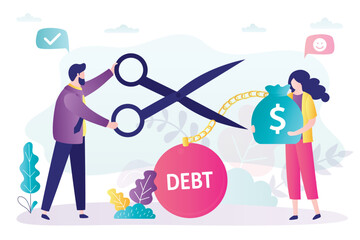 Businessman helped girl get out of debt. Man cuts chain with load with large scissors