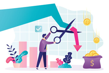 Businessman cuts falling arrow of graph with scissors. Investor stopped fall of assets due to instability of stock market
