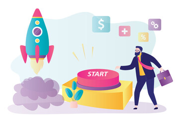Businessman press rocket launch button. Entrepreneur launches innovative startup