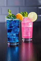 Pink and blue lemonade with ice and mandarin and lime slices. Side view, selective focus.