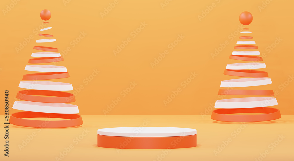 Poster Abstract geometric shape podium for product display on orange background Orange product background stand or podium pedestal on empty display with glowing light backdrop