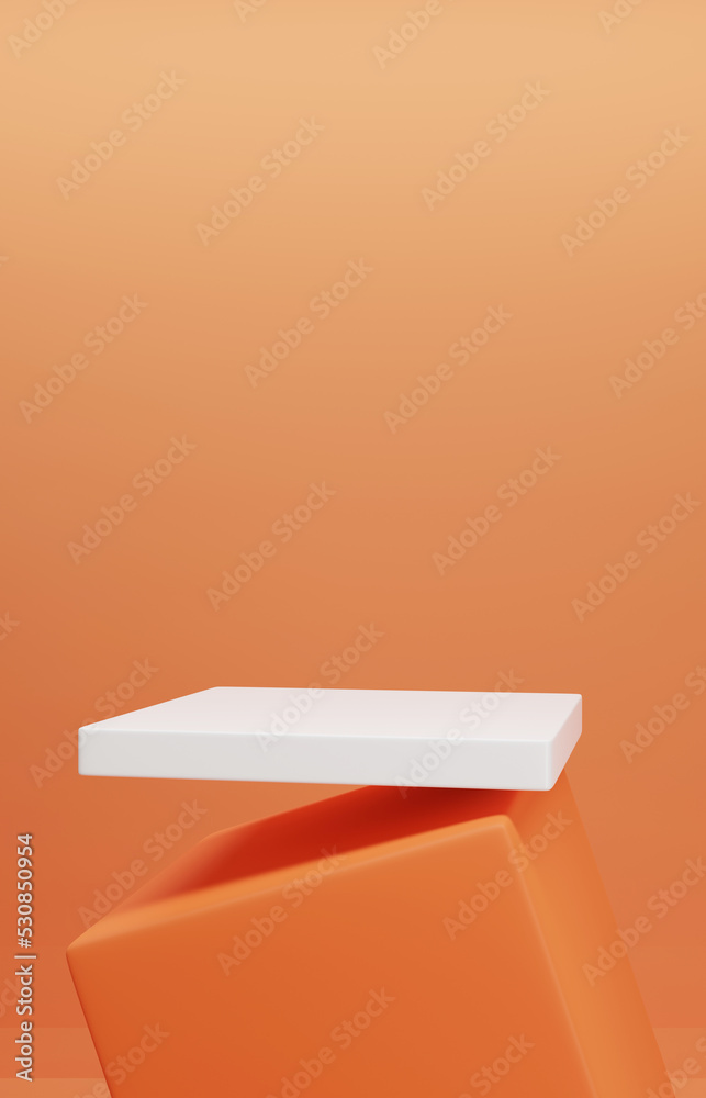 Poster Abstract geometric shape podium for product display on orange background Orange product background stand or podium pedestal on empty display with glowing light backdrop