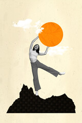 Vertical composite illustration of excited big girl black white gamma arms hold sun drawing clouds...