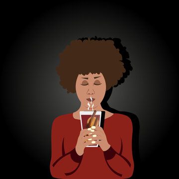 A Creative Cut Out Advertising Banner With A Person Holding A Glass Of Hot Mulled Wine With Slices Of Orange, Anise Stars And Cinnamon Sticks. An African-American Girl With Mulled Wine In Her Hands. 