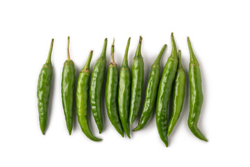 bunch of green chillies isolated on white background, common vegetable used for their spicy taste