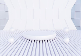 White podium with abstract art white scene. Stand to show products. Stage showcase with modern scene. Pedestal display. 3D rendering. Studio platform template. © Chaweekun
