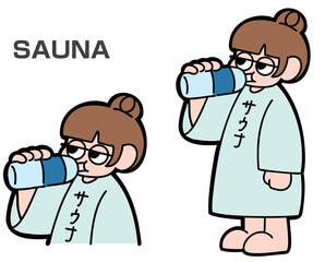サウナで水分補給をする女の子のゆるいイラスト