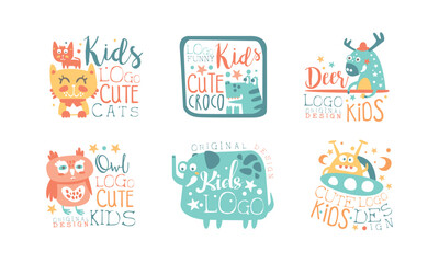 Cute Funny Kids Logo with Pretty Animal Original Design Vector Set