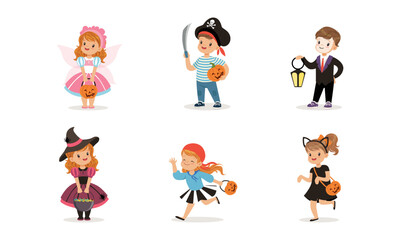 Cute Kids Dressed in Halloween Costume and Outfit Engaged in Spooky Holiday Masquerade Vector Set