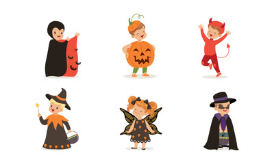 Cute Kids Dressed in Halloween Costume and Outfit Engaged in Spooky Holiday Masquerade Vector Set