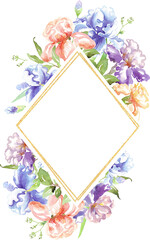 Watercolor iris frame. Hand-painted clipart