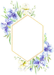 Watercolor iris frame. Hand-painted clipart