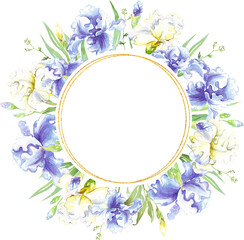 Watercolor iris frame. Hand-painted clipart