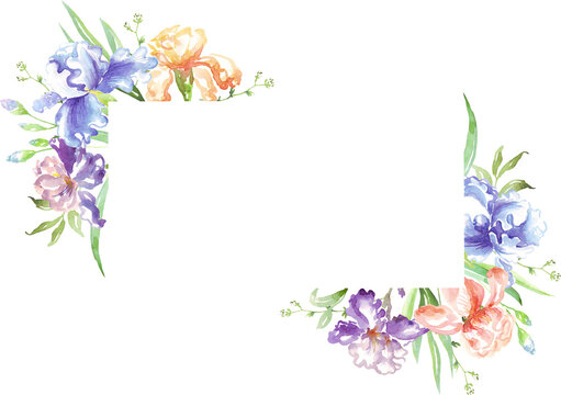 Watercolor Iris Frame. Hand-painted Clipart