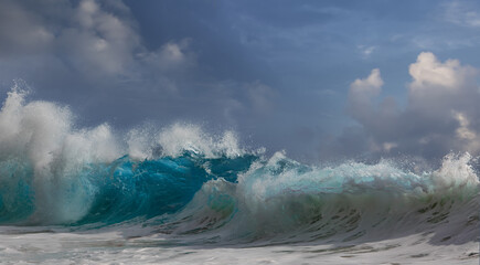 Beautuful Big Ocean Surfing wave vibrant blue color under sunlight, seascape background