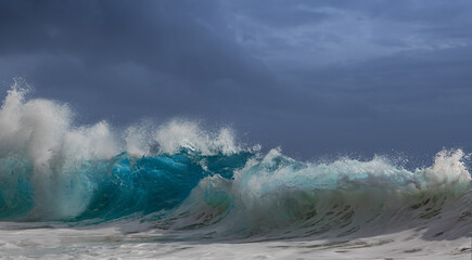 Beautuful Big Ocean Surfing wave vibrant blue color under sunlight, seascape background