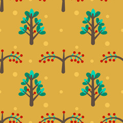 Seamless green tree pattern. Furtrees and red berries on yellow background. Wrapping and gift paper. Home and apparel textile.