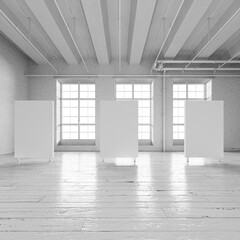 White loft hall interior with frames for exhibition 3d render.