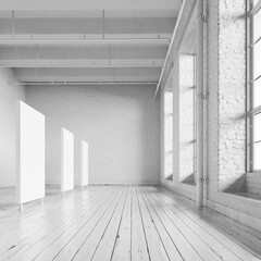 White loft hall interior with frames for exhibition 3d render.