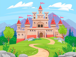 Fairy tale castle with a mountain view background. Cartoon-style magic kingdom with a road to the chateau in green forest. High towers with flags and big gate. Fantasy landscape illustration.