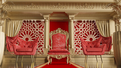 3D render of red carpet leading to king throne on arabesque style with golden colmuns pillar